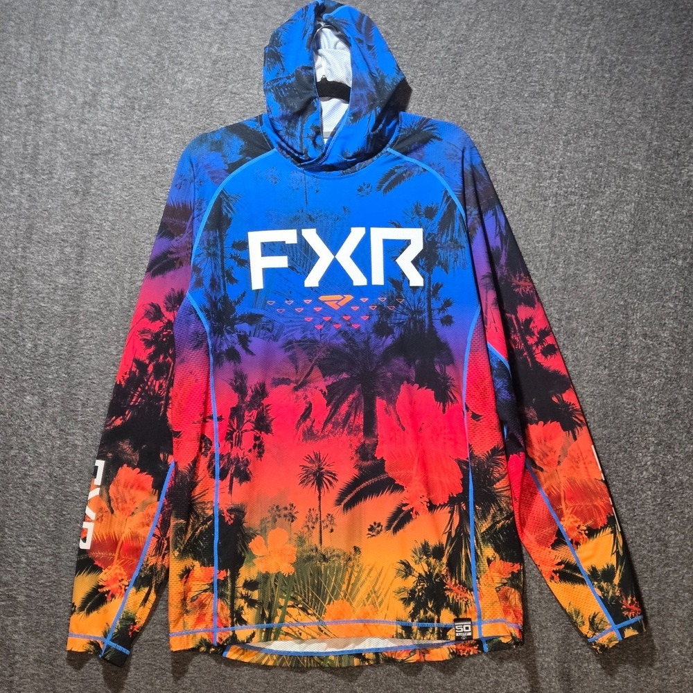 FXR Fishing Hoodie Shirt Performance Men's Sz L UPF 50 Lightweight Colorful